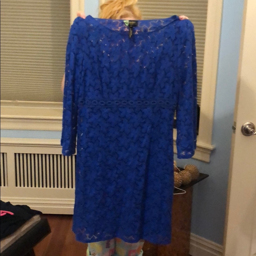 Lace royal blue dress.